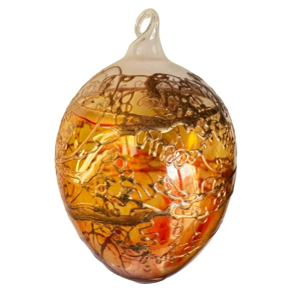 Amber Blown Glass Ornament Gold Gilded Design Art Glass 3" - Picture 4 of 7
